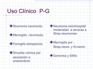 Uso Clínico P-G
Neumonia neumocós.
Meningitis neumocós.
Faringitis estreptocós.
Sinusitis crónica por
asociación a
ananerobios.
Neumonia extrahospital
moderadas a severas a
Strep.neumoniae.
Meningitis por :
Strep.neum. y N.menin.
Gonorrea y Sífilis
 