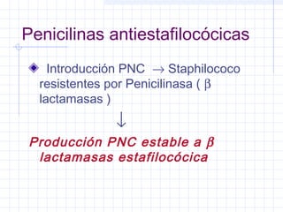Penicilinas antiestafilocócicas
Introducción PNC → Staphilococo
resistentes por Penicilinasa ( β
lactamasas )
↓
Producción PNC estable a β
lactamasas estafilocócica
 