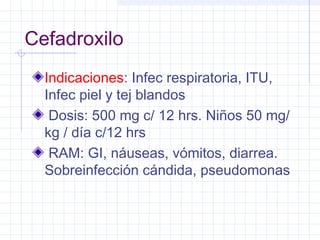 Cefadroxilo
Indicaciones: Infec respiratoria, ITU,
Infec piel y tej blandos
Dosis: 500 mg c/ 12 hrs. Niños 50 mg/
kg / día c/12 hrs
RAM: GI, náuseas, vómitos, diarrea.
Sobreinfección cándida, pseudomonas
 