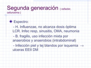 Segunda generación ( cefaclor,
cefuroxima )
Espectro:
- H. Influenzae, no alcanza dosis óptima
LCR. Infec resp, sinusitis, OMA, neumonia
- B. fragilis, uso infección mixta por
anaerobios y anaerobios (intrabdominal)
- Infección piel y tej blandos por isquemia →
ulceras EEII DM
 