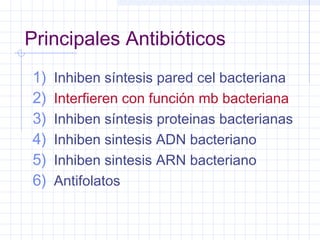 Principales Antibióticos
1) Inhiben síntesis pared cel bacteriana
2) Interfieren con función mb bacteriana
3) Inhiben síntesis proteinas bacterianas
4) Inhiben sintesis ADN bacteriano
5) Inhiben sintesis ARN bacteriano
6) Antifolatos
 