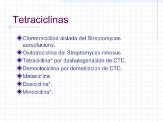 Tetraciclinas
Clortetraciclina aislada del Streptomyces
aureofaciens.
Oxitetraciclina del Streptomyces rimosus
Tetraciclina* por deshalogenación de CTC.
Demeclociclina por demetilación de CTC.
Metaciclina.
Doxiciclina*.
Minociclina*.
 