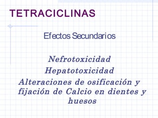 TETRACICLINAS
EfectosSecundarios
Nefrotoxicidad
Hepatotoxicidad
Alteraciones de osificación y
fijación de Calcio en dientes y
huesos
 