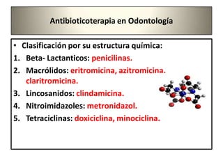 Antibioticoterapia en Odontología
• Clasificación por su estructura química:
1. Beta- Lactanticos: penicilinas.
2. Macrólidos: eritromicina, azitromicina,
claritromicina.
3. Lincosanidos: clindamicina.
4. Nitroimidazoles: metronidazol.
5. Tetraciclinas: doxiciclina, minociclina.
 