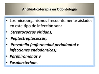 Antibioticoterapia en Odontología
• Los microorganismos frecuentemente aislados
en este tipo de infección son:
• Streptococcus viridans,
• Peptostreptococcus,
• Prevotella (enfermedad periodontal e
infecciones endodonticas).
• Porphiromonas y
• Fusobacterium.
 