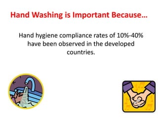 Hand Washing is Important Because…
Hand hygiene compliance rates of 10%-40%
have been observed in the developed
countries.
 
