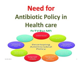 Need for
Antibiotic Policy in
Health care
Dr.T.V.Rao MD
24-09-2023 Dr.T.V.Rao MD @ Antibiotic policy 1
 