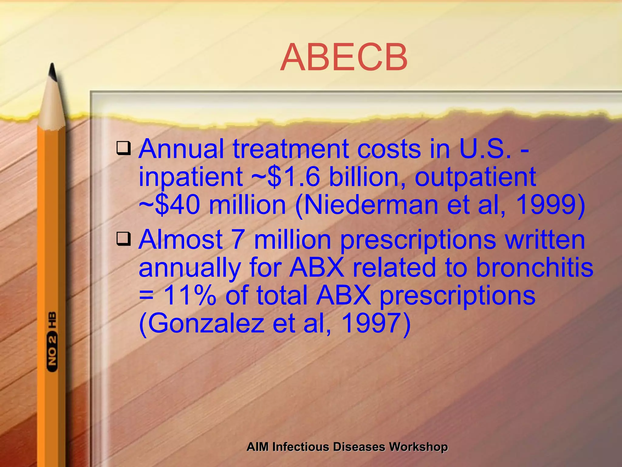 ABECB Annual treatment costs in U.S. - inpatient ~$1.6 billion, outpatient ~$40 million (Niederman et al, 1999) Almost 7 million prescriptions written annually for ABX related to bronchitis = 11% of total ABX prescriptions (Gonzalez et al, 1997) 