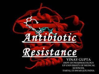 Antibiotic
ResistanceVINAY GUPTAVINAY GUPTA
DEPT OF PHARMACOLOGYDEPT OF PHARMACOLOGY
UP UNIVERSITY OF MEDICALUP UNIVERSITY OF MEDICAL
SCIENCES,SCIENCES,
SAIFAI, ETAWAH (UP) INDIASAIFAI, ETAWAH (UP) INDIA
 