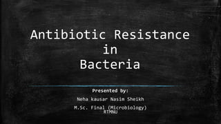 Presented by:
Neha kausar Nasim Sheikh
M.Sc. Final (Microbiology)
RTMNU
Antibiotic Resistance
in
Bacteria
 