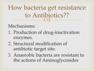 How bacteria get resistance
    to Antibiotics??
                 
Mechanisms:
1. Production of drug-inactivation
   enzymes.
2. Structural modification of
   antibiotic target site.
3. Anaerobic bacteria are resistant to
   the actions of Aminoglycosides
 