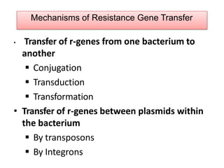 Mechanisms of Resistance Gene Transfer
• Transfer of r-genes from one bacterium to
another
 Conjugation
 Transduction
 Transformation
• Transfer of r-genes between plasmids within
the bacterium
 By transposons
 By Integrons
 