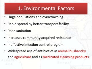 • Huge populations and overcrowding
• Rapid spread by better transport facility
• Poor sanitation
• Increases community acquired resistance
• Ineffective infection control program
• Widespread use of antibiotics in animal husbandry
and agriculture and as medicated cleansing products
1. Environmental Factors
 