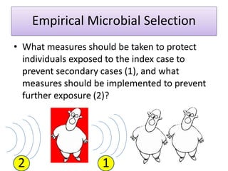 Empirical Microbial Selection
• What measures should be taken to protect
individuals exposed to the index case to
prevent secondary cases (1), and what
measures should be implemented to prevent
further exposure (2)?
1
2
 