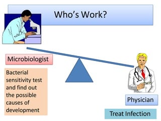 Who’s Work?
Microbiologist
Physician
Bacterial
sensitivity test
and find out
the possible
causes of
development
Treat Infection
 