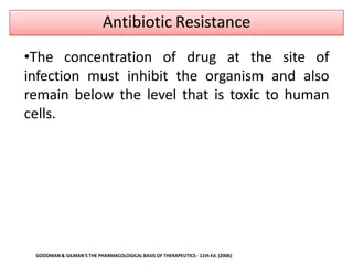 •The concentration of drug at the site of
infection must inhibit the organism and also
remain below the level that is toxic to human
cells.
GOODMAN& GILMAN'S THE PHARMACOLOGICAL BASIS OF THERAPEUTICS - 11th Ed. (2006)
Antibiotic Resistance
 