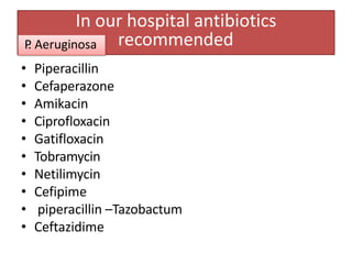 • Piperacillin
• Cefaperazone
• Amikacin
• Ciprofloxacin
• Gatifloxacin
• Tobramycin
• Netilimycin
• Cefipime
• piperacillin –Tazobactum
• Ceftazidime
In our hospital antibiotics
recommended
P
. Aeruginosa
 
