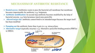 MECHANISM OF ANTIBIOTIC RESISTANCE
 Denied access: Antibiotics wants to pass the bacterial cell membrane but membrane
becomes impermeable for antibiotic: e.g. Imipenem
 Antibiotic modification: In second step antibiotic becomes modified by the help of
bacterial enzyme. e.g. beta lactamase inactivates penicillin
 Altered target site: antibiotic cannot bind to its intended target because the target itself
has been modified
 Pumping out the antibiotic faster than it gets in: e.g. tetracyclines
 Alternative target (typically enzyme): e.g. Alternative penicillin binding protein (PBP2a)
in MRSA
 