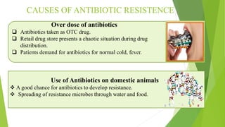 CAUSES OF ANTIBIOTIC RESISTENCE
Over dose of antibiotics
 Antibiotics taken as OTC drug.
 Retail drug store presents a chaotic situation during drug
distribution.
 Patients demand for antibiotics for normal cold, fever.
Use of Antibiotics on domestic animals
 A good chance for antibiotics to develop resistance.
 Spreading of resistance microbes through water and food.
 