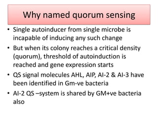 Why named quorum sensing
• Single autoinducer from single microbe is
  incapable of inducing any such change
• But when its colony reaches a critical density
  (quorum), threshold of autoinduction is
  reached and gene expression starts
• QS signal molecules AHL, AIP, AI-2 & AI-3 have
  been identified in Gm-ve bacteria
• AI-2 QS –system is shared by GM+ve bacteria
  also
 
