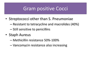 Gram positive Cocci
• Streptococci other than S. Pneumoniae
  – Resistant to tetracycline and macrolides (40%)
  – Still sensitive to penicillins
• Staph Aureus
  – Methicillin resistance 50%-100%
  – Vancomycin resistance also increasing
 