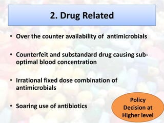 2. Drug Related
• Over the counter availability of antimicrobials

• Counterfeit and substandard drug causing sub-
  optimal blood concentration

• Irrational fixed dose combination of
  antimicrobials
                                            Policy
• Soaring use of antibiotics             Decision at
                                         Higher level
 