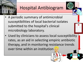 Hospital Antibiogram
• A periodic summary of antimicrobial
  susceptibilities of local bacterial isolates
  submitted to the hospital's clinical
  microbiology laboratory.
• Used by clinicians to assess local susceptibility
  rates, as an aid in selecting empiric antibiotic
  therapy, and in monitoring resistance trends
  over time within an institution
 