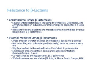 31
Resistance to b-Lactams
• Chromosomal AmpC b-lactamases
• Several Enterobacteriaceae, including Enterobacter, Citrobacter, and
Serratia contain an inducible, chromosomal gene coding for a b-lacta
mase
• Resistant to cephalosporins and monobactams; not inhibited by clavu
lanate; Class C b-lactamases
• Plasmid-mediated AmpC b-lactamases
• Arose through transfer of AmpC chromosomal genes into plasmids
• Not inducible, with substrate profile (usually) same as parental enzy
me
• Highly prevalent in the naturally AmpC-deficient K. pneumoniae
• Emergence predominantly in community-acquired infections
(Salmonella spp., E. coli)
• Co-resistance to aminoglycosides, SXT, quinolones
• Wide dissemination worldwide (SE Asia, N Africa, South Europe, USA)
 