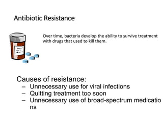 6
Antibiotic Resistance
Over time, bacteria develop the ability to survive treatment
with drugs that used to kill them.
Causes of resistance:
– Unnecessary use for viral infections
– Quitting treatment too soon
– Unnecessary use of broad-spectrum medicatio
ns
 