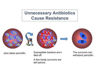 7
Unnecessary Antibiotics
Cause Resistance
Susceptible bacteria are k
illed off.
A few hardy survivors are
left behind.
X
X
X
X
X
XX
X
The survivors can
withstand penicillin.
R
R
Jane takes penicillin.
 