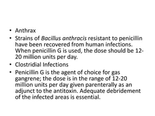 • Anthrax
• Strains of Bacillus anthracis resistant to penicillin
have been recovered from human infections.
When penicillin G is used, the dose should be 12-
20 million units per day.
• Clostridial Infections
• Penicillin G is the agent of choice for gas
gangrene; the dose is in the range of 12-20
million units per day given parenterally as an
adjunct to the antitoxin. Adequate debridement
of the infected areas is essential.
 