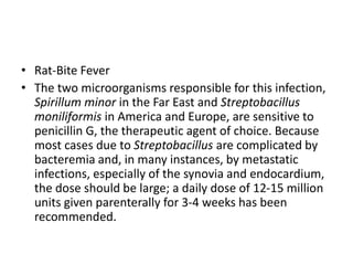 • Rat-Bite Fever
• The two microorganisms responsible for this infection,
Spirillum minor in the Far East and Streptobacillus
moniliformis in America and Europe, are sensitive to
penicillin G, the therapeutic agent of choice. Because
most cases due to Streptobacillus are complicated by
bacteremia and, in many instances, by metastatic
infections, especially of the synovia and endocardium,
the dose should be large; a daily dose of 12-15 million
units given parenterally for 3-4 weeks has been
recommended.
 