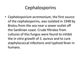 Cephalosporins
• Cephalosporium acremonium, the first source
of the cephalosporins, was isolated in 1948 by
Brotzu from the sea near a sewer outlet off
the Sardinian coast. Crude filtrates from
cultures of this fungus were found to inhibit
the in vitro growth of S. aureus and to cure
staphylococcal infections and typhoid fever in
humans.
 