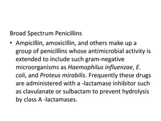 Broad Spectrum Penicillins
• Ampicillin, amoxicillin, and others make up a
group of penicillins whose antimicrobial activity is
extended to include such gram-negative
microorganisms as Haemophilus influenzae, E.
coli, and Proteus mirabilis. Frequently these drugs
are administered with a -lactamase inhibitor such
as clavulanate or sulbactam to prevent hydrolysis
by class A -lactamases.
 
