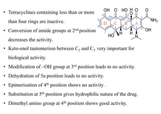 • Tetracyclines containing less than or more
than four rings are inactive.
• Conversion of amide groups at 2nd position
decreases the activity.
• Keto-enol tautomerism between C2 and C3 very important for
biological activity.
• Modification of –OH group at 3rd position leads to no activity.
• Dehydration of 5a position leads to no activity.
• Epimerisation of 4th position shows no activity .
• Substitution at 5th position gives hydrophilic nature of the drug.
• Dimethyl amino group at 4th position shows good activity.
 