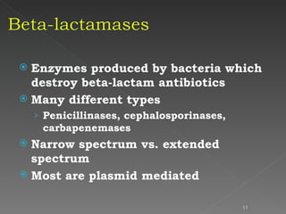 Enzymes produced by bacteria which destroy beta-lactam antibiotics Many different types Penicillinases, cephalosporinases, carbapenemases Narrow spectrum vs. extended spectrum Most are plasmid mediated 
