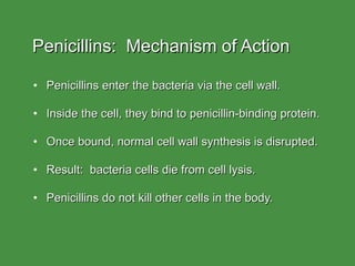 Penicillins:  Mechanism of Action Penicillins enter the bacteria via the cell wall. Inside the cell, they bind to penicillin-binding protein. Once bound, normal cell wall synthesis is disrupted. Result:  bacteria cells die from cell lysis. Penicillins do not kill other cells in the body. 