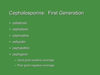 Cephalosporins:  First Generation cefadroxil cephalexin cephradine cefazolin cephalothin cephapirin Good gram-positive coverage Poor gram-negative coverage 
