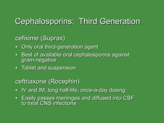 Cephalosporins:  Third Generation cefixime (Suprax) Only oral third-generation agent Best of available oral cephalosporins against  gram-negative Tablet and suspension ceftriaxone (Rocephin) IV and IM, long half-life, once-a-day dosing Easily passes meninges and diffused into CSF  to treat CNS infections 