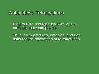 Antibiotics:  Tetracyclines Bind to Ca 2+  and Mg 2+  and Al 3+  ions to  form insoluble complexes Thus, dairy products, antacids, and iron  salts reduce absorption of tetracyclines 