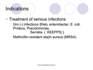 Indications Treatment of serious infections  Gm (-) infections {Kleb, enterobacter, E. coli. Proteus, Pseudomonas,  Serratia- (  KEEPPS) } Methicillin-resistant staph aureus (MRSA) 