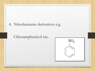 4. Nitrobenzene derivatives e.g.
Chloramphenicol etc.
 