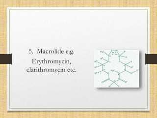 5. Macrolide e.g.
Erythromycin,
clarithromycin etc.
 