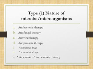 Type (1) Nature of
microbe/microorganisms
a. Antibacterial therapy
b. Antifungal therapy
c. Antiviral therapy
d. Antiparasitic therapy
i. Antimalarial drugs
ii. Antiamoebic drugs
e. Antihelminths/ anthelmintic therapy
 