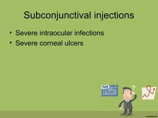 Subconjunctival injections
• Severe intraocular infections
• Severe corneal ulcers
 