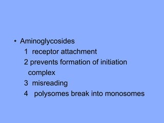 • Aminoglycosides
1 receptor attachment
2 prevents formation of initiation
complex
3 misreading
4 polysomes break into monosomes
 