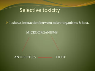Selective toxicity
 It shows interaction between micro-organisms & host.
MICROORGANISMS
ANTIBIOTICS HOST
 