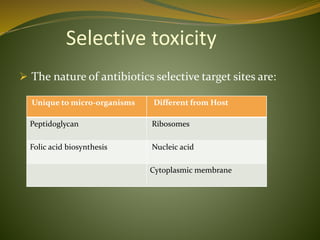 Selective toxicity
 The nature of antibiotics selective target sites are:
Unique to micro-organisms Different from Host
Peptidoglycan Ribosomes
Folic acid biosynthesis Nucleic acid
Cytoplasmic membrane
 