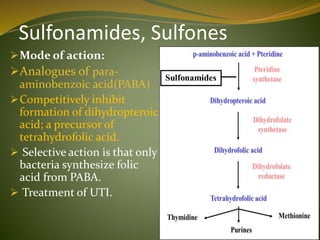 Sulfonamides, Sulfones
Mode of action:
Analogues of para-
aminobenzoic acid(PABA)
Competitively inhibit
formation of dihydropteroic
acid; a precursor of
tetrahydrofolic acid.
 Selective action is that only
bacteria synthesize folic
acid from PABA.
 Treatment of UTI.
 