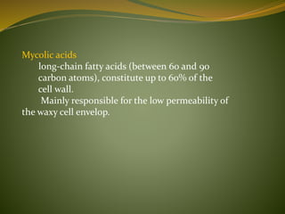 Mycolic acids
long-chain fatty acids (between 60 and 90
carbon atoms), constitute up to 60% of the
cell wall.
Mainly responsible for the low permeability of
the waxy cell envelop.
 